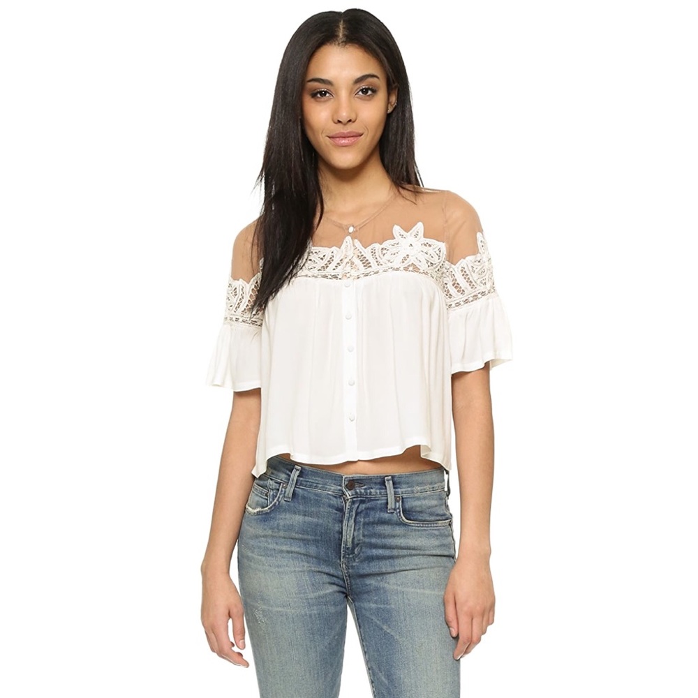 For Love & Lemons White Crochet Yoke Off-Shoulder Blouse